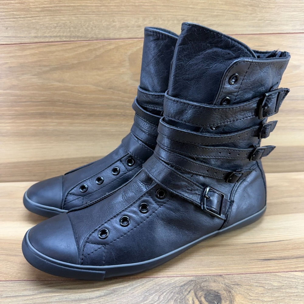Converse Sidney X-Hi High Top Sneaker Womens 8.5 Black Leather Buckles Punk Goth - Picture 3 of 12